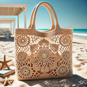 DALL·E 2024-06-26 12.46.56 - A crocheted tote bag designed for the European summer. The bag is light and airy, featuring an open weave pattern that showcases intricate crochet wor