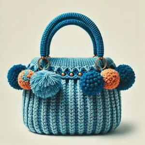 DALL·E 2024-08-02 16.29.04 - Create an image of a stylish, handmade handbag with a cylindrical shape, crocheted in a vibrant blue yarn. The bag features a single handle made of th